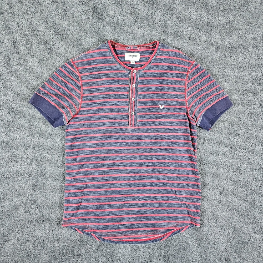 Y2K True Religion Striped Button Short Sleeve T Shirt Red/Black Men's SIze Small - Picture 1 of 6